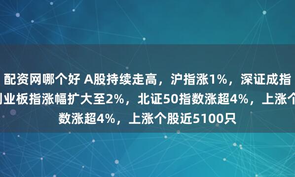 配资网哪个好 A股持续走高，沪指涨1%，深证成指涨1.49%，创业板指涨幅扩大至2%，北证50指数涨超4%，上涨个股近5100只